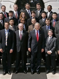 Assistant Professor Martin L. Culpepper, in the center of the top row, poses with President Bush and fellow winners of the 2004 Presidential Early Career Awards for Scientists and Engineers in front of the White House on June 13.