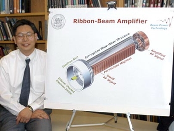 Chiping Chen, principal research scientist in the MIT Plasma Science and Fusion Center, poses with a diagram of the ribbon-beam amplifier that he and his colleagues developed.