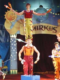 Freshman Nate Stein Sharpe hones his balancing act this summer with Circus Smirkus. He's standing on the shoulders of Mason Ames, another performer.