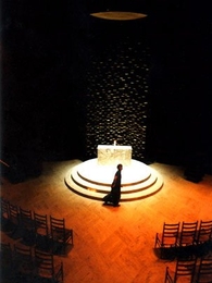 The interior of Eero Saarinen's MIT Chapel is shown to great effect on Sept. 11, 2002, when an all-day vigil was held there. The chapel is 50 years old this year.