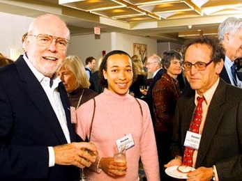 MIT Professor Daniel W. Stroock, right, meets Stroock-Hertz Fellowship recipient Monika Schleier-Smith, center, an MIT graduate student working in quantum optics, and Hertz Fellow John Holzrichter, president of the Fannie and John Hertz Foundation, in Cambridge on Friday, Oct. 21.
