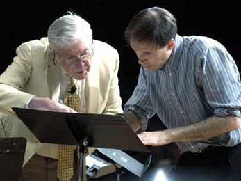 Composer Gunther Schuller, left, and MIT Wind Ensemble music director Frederick Harris at a Nov. 21 rehearsal for the ensemble's Dec. 2 concert.