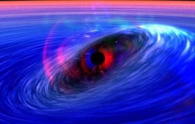 This graphic depicts hot gas orbiting a black hole.