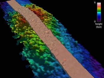 This image shows a sample of the data collected by the SeaBed autonomous underwater vehicle as it swam over the Chios shipwreck in July 2005. The 3-D color mesh represents a topographic map of the sea floor, created using data collected by multibeam sonar. The brown strip shows the area captured in digital images, which were used to create the photomosaic of the wreck. <a onclick="MM_openBrWindow(...