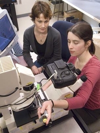 Sheri Simmons uses a pipette to place water samples onto a microscope slide to look at the swimming behavior of magnetotactic bacteria. Her advisor and co-author, Katrina Edwards, is at left.