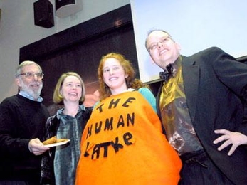Team Latke members are, from left, Dean Robert Silbey, Associate Professor Diana Henderson, freshman Sara Segal and Assistant Professor Brian Robison.
