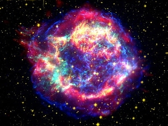 This false-color image from three of NASA's Great Observatories provides one example of a star that died in a fiery supernova blast. Called Cassiopeia A, this supernova remnant is located 10,000 light-years away in the constellation Cassiopeia. At the center of this orb, visible only as a tiny turquoise dot, is the leftover corpse of the now-dead star, called a neutron star. The multi-hued shell o...
