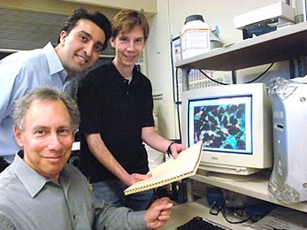 MIT Institute Professor Robert Langer, seated, joins Dr. Omid C. Farokhzad and researcher Benjamin A. Teply beside a monitor displaying an image of nanoparticles on Friday, March 31. The three are among a team of researchers that showed nanoparticles could be custom designed to destroy cancer cells.