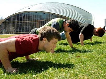 Wellness Week started off Monday, April 10, with push-ups on Kresge Oval featuring senior Zack Eisenstat, junior Chris Cabral and freshman Mark Norsworthy.