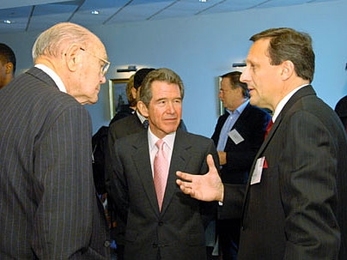 Lord John Browne, group chief executive of BP, center, discusses issues of principle and profit with David Morgenthaler, founding partner of Morgenthaler, left, and Daniel Vasella, chairman and CEO of Novartis AG, at the MIT Faculty Club on Tuesday, May 2.