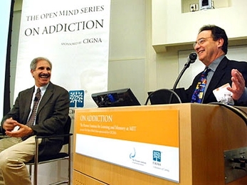 NPR 'Science Friday' host Ira Flatow, right, moderates a Picower Institute conference on addiction while Dr. Robert C. Malenka of Stanford University School of Medicine fields questions from the audience.