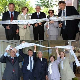Cutting the ribbon at the Broad Institute opening on Tuesday, May 30, are, from left, Harvard President Lawrence H. Summers; MIT President Susan Hockfield; Eli and Edythe L. Broad, founders of the Broad Institute of MIT and Harvard; and Broad Institute Director Eric S. Lander. The same group celebrates the moment below.