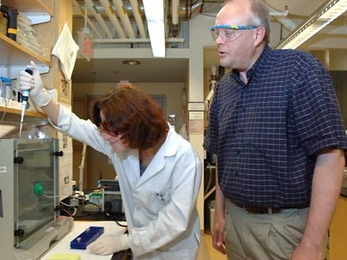 MIT graduate student Yelena Margolin is the lead researcher on new work on inflammation. She is shown working in the lab with Professor Peter Dedon.