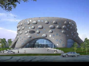 Sloan Kulper (S.B. 2003) and Audrey Roy (S.B. 2005) have designed a building in the shape of a cell for the Institute for Nanobiomedical Technology and Membrane Biology in Chengdu, China. This illustration shows the exterior in daytime. Protrusions in the facade provide meeting areas attached directly to interior laboratories.