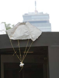This egg-drop contestant made it only partway down -- to the top of the door into the Green Building -- then broke on impact. The egg drop contest was part of an Aug. 28 orientation event sponsored by Terrascope, a learning community for freshmen that focuses on earth sciences and the environment.  <a onclick="MM_openBrWindow('eggdrop-4-enlarged.html','','width=509, height=583')">
<span onmouseov...