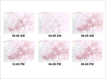 MIT's Real Time Rome project, which will have its worldwide debut at the 2006 Venice Biennale, uses cellphone and wireless data to map people in Rome. Here it shows cellular phone users in northeastern Rome at different hours of a day.