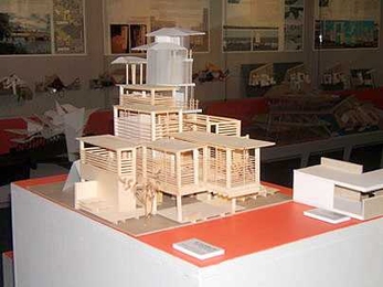 Graduate student W. Victoria Lee's design for a North End rooftop house is among the architectural models on display in the Wiesner Gallery of the Student Center. The tall center tower belongs to another model on exhibit, built by senior Harini Rajaraman.