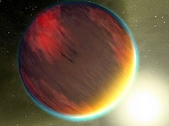 This artist's concept shows a cloudy Jupiter-like planet, similar to HD 209458b, that orbits very close to its fiery hot star.
