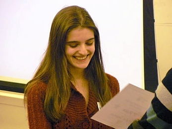 Natalya Slepneva of Newton South High School accepts the first prize for the 2007 regional Brain Bee held at MIT's Picower Institute for Learning and Memory.