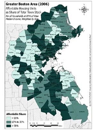 As this map shows, Brookline, for example, is colored dark teal green--indicating that more than 30 percent of its housing units are affordable to those earning 80 percent of the median income.