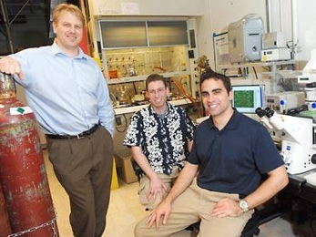 An MIT team has created polymer-DNA nanoparticles to deliver disease-fighting genes . From left are Daniel Anderson, a research associate at the MIT Center for Cancer Research, bioengineering graduate student Jordan Green and Greg Zugates, a Ph.D. candidate in chemical engineering.