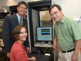 Chi-Sang Poon (left), principal research scientist in the Harvard-MIT Division of Health Sciences and Technology, stands next to Shawna MacDonald of mechanical engineering and Gang Song, an HST research scientist. The group has found that the body's innate ability to adapt to recurring stimuli may help in designing better artificial respirators.