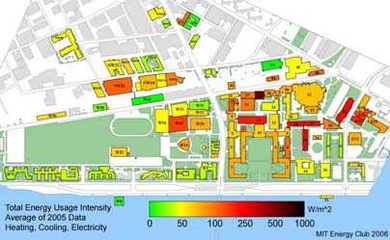 Software developed by MIT students generated this map showing energy use intensity across campus. Last spring, MITEI awarded funds for this work and for six other student projects aimed at cutting campus energy use and encouraging adoption of sustainable energy practices. MITEI is now seeking proposals for new student projects relating to campus sustainability. Applications are due Oct. 1.