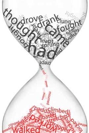 This illustration is a visual representation of data by MIT and Harvard scientists on how irregular verbs regularize over time. Verb size in the image corresponds to usage frequency. Large verbs tend to stay sequestered at the top, while smaller verbs tend to fall through to the bottom. The paper predicts that 'wed' is the next verb to regularize, so it teeters on the brink.