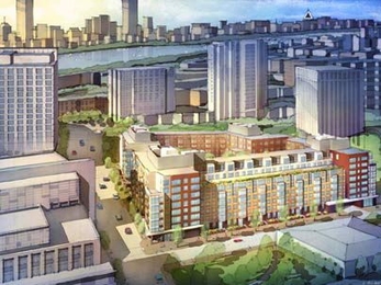 An artist's rendering of the University Residential Communities, as seen from the north. The planned complex at 303 Third Street in Cambridge will represent a new housing alternative for members of the Institute community who want to stay involved in life at MIT after they retire.