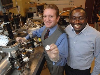 MIT research scientist Luis Velasquez-Garcia, left, and Akintunde Ibitayo Akinwande, professor of electrical engineering and computer science, are developing a tiny sensor that can detect hazardous gases, including biochemical warfare agents.