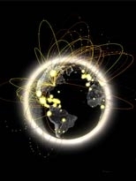 NYTE's Globe Encounters visualizes in real time the volumes
  of Internet data flowing between New York and cities around the world. The
  size of the glow on a particular city location corresponds to the amount of
  IP traffic flowing between that place and New York City. <a href="http://senseable2.mit.edu/nyte/images/hres/01%20nyte%20-%20globe%20encounters.tif"><strong>Full-size image</strong...