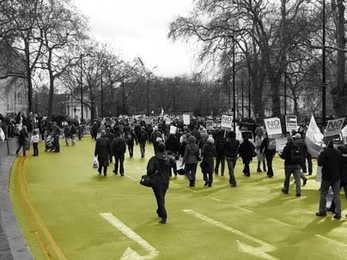 In one image from the new DUSP exhibit, 'Urban Design and Civil Protest,' a crowd has appropriated a prestigious public space in London as part of a 2007 peace protest. Exhibit creator Tali Hatuka uses visual and other media to explore how urban space is used as an instrument for civil protests. The exhibit opens Feb. 28 in the Compton Gallery.