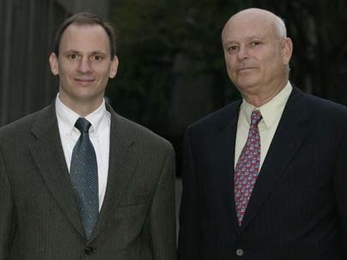 Emanuel E. Landsman '58, SM '59, ScD '66 and his wife, Sheila E. Landsman, have given $4 million to the MIT Laboratory for Electromagnetic and Electronic Systems and the Department of Electrical Engineering and Computer Science. Landsman is shown here with Associate Professor David Perreault, left, the inaugural holder of the Landsman Career Development Professorship.
