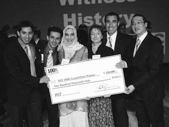 Members of the grand-prize-winning team in the MIT 100k Competition, from left to right, Krishna Yeshwant, Roozbeh Ghaffari, Hayat Sindi, Carol Waghorne, Jon Puz, Gilbert Tang.