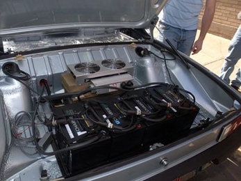The state of the art batteries used to Porsche into an electric car, shown installed in the trunk.