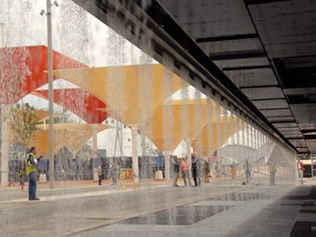 The MIT-designed Digital Water Pavilion, featuring water walls that can be programmed to display patterns and images, was unveiled June 12 at the opening of the Zaragoza World Expo in Spain.  <a onclick="MM_openBrWindow('zaragoza-enlarged.html','','width=509, height=583')">
<span onmouseover="this.className='cursorChange';">
<strong>Open image gallery</strong>
</span>
</a>
<noscript> <a href=...