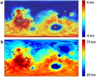These images show the topography (a) and crustal thickness (b) of Mars (cylindrical projection). Main features labelled in (a) include Tharsis (Th), Arabia Terra (AT), Hellas (H), Argyre (A), and Utopia (U), as well as the Borealis basin outline (solid line).