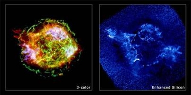 Image from the Chandra X-ray observatory shows remnants of supernova Cassiopeia A, and picks out the different X-ray signatures of elements such as iron and silicon that sprayed out in the explosive death of a star.