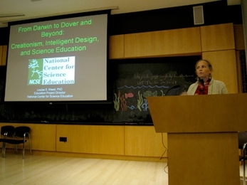 Louise Mead of the National Center for Science Education, speaks to an MIT audience on the movement against the teaching of evolution.