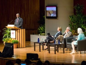 MIT Chancellor Phillip Clay gives his address during the State of the Institute Forum at Kresge Auditorium on Monday, Sept. 29. To his left are President Susan Hockfield, Provost Rafael Reif and Vice President and Treasurer Theresa Stone.