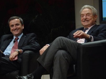 International financier and philanthropist George Soros, right, had a conversation with Ford International Professor of Economics and head of the department of economics Ricardo J. Cabellero at Kresge on Tuesday, October 28.