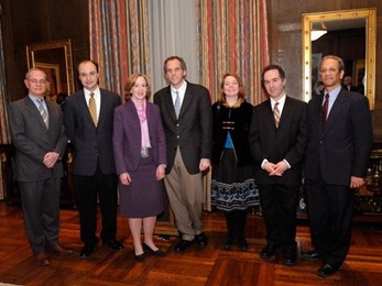 This year's MacVicar Faculty Fellows --Â Vladimir Bulovic, Diana Henderson, Daniel Jackson and David Jones -- were announced at a reception on Thursday, March 5, at Gray House. Gathered to celebrate were, from left, Provost L. Rafael Reif, Bulovic, President Susan Hockfield, Jones, Henderson, Jackson, and Dean for Undergraduate Education Daniel Hastings.