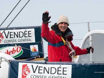 Rich Wilson SM '76 aboard his 60-foot racing yacht, Great American III, as he competes in the Vendée Globe solo sailboat race.