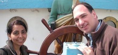 Purnima Ratilal and Nicholas Makris on the bow of a ship.