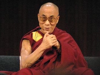 Tenzin Gyatso, the 14th Dalai Lama, addresses the crowd at MIT's Kresge Auditorium on Thursday, April 30.
