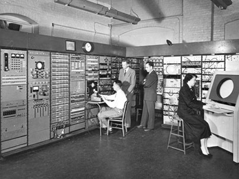 Stephen Dodd, Jay Forrester, Robert Everett, and Ramona Ferenz at Whirlwind I test control in the Barta Building, 1950.