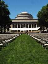 The chairs and stage are set for MIT's 143rd Commencement, taking place Friday morning
