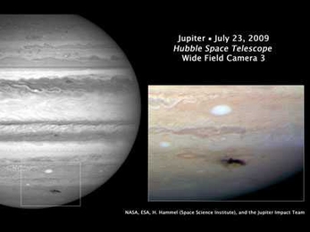 This Hubble Space Telescope picture is the sharpest visible-light picture taken of the slowly-expanding impact feature, whose diameter is more than twice the coast-to-coast size of the United States. The combination of Hubble data with mid-infrared images from ground-based telescopes will give astronomers an insight into the nature of changes in Jupiter's atmosphere from the impact.