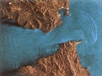 A satellite image of internal waves (with a wavelength of about 2 kilometers), which are generated by flow from the the Atlantic ocean to the Mediterranean Sea, at the east of Gibraltar and Ceuta.
