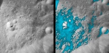 These images show a recent crater on the side of the moon that faces away from Earth, as seen by a NASA instrument aboard the Indian Chandrayaan-1 spacecraft. On the left, an ordinary image taken by infrared light. On the right, the light blue shows water-rich minerals, associated with material ejected from the crater.
